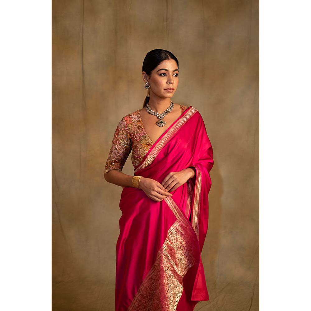 PRIYANKA RAAJIV Navroz Pink Rani Mashru Silk Saree with Unstitched Blouse