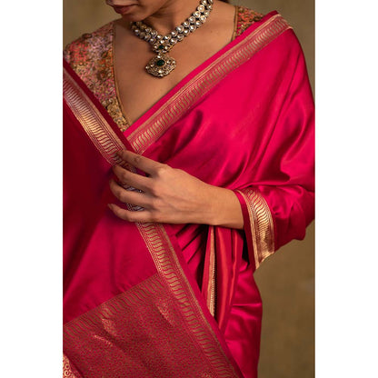 PRIYANKA RAAJIV Navroz Pink Rani Mashru Silk Saree with Unstitched Blouse