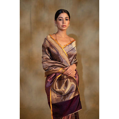 PRIYANKA RAAJIV Chhath Purple Silk Banarasi Sari Saree with Unstitched Blouse