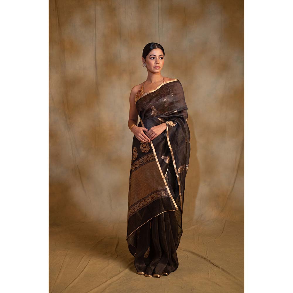 PRIYANKA RAAJIV Tritiya Black Linen-Silk Organza Banarasi Saree with Unstitched Blouse