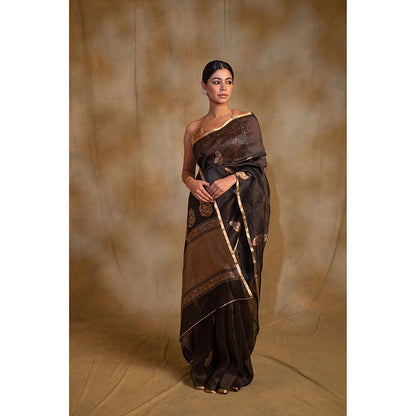 PRIYANKA RAAJIV Tritiya Black Linen-Silk Organza Banarasi Saree with Unstitched Blouse