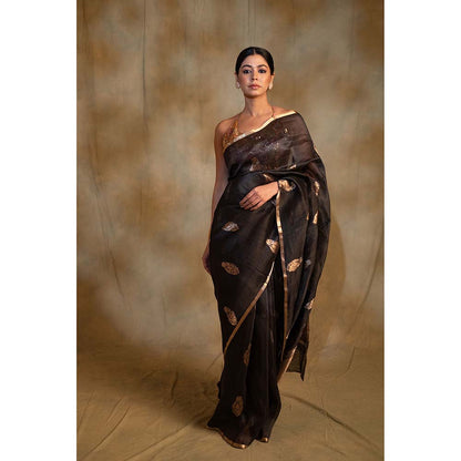 PRIYANKA RAAJIV Tritiya Black Linen-Silk Organza Banarasi Saree with Unstitched Blouse