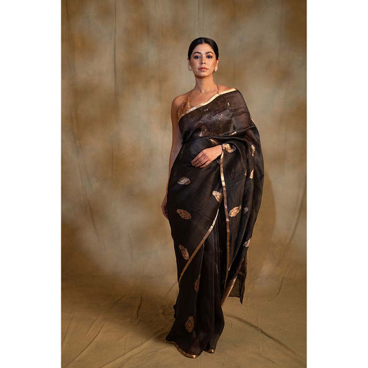 PRIYANKA RAAJIV Tritiya Black Linen-Silk Organza Banarasi Saree with Unstitched Blouse