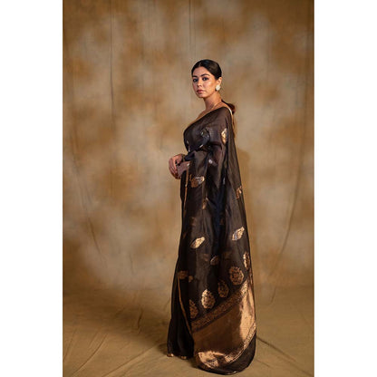 PRIYANKA RAAJIV Tritiya Black Linen-Silk Organza Banarasi Saree with Unstitched Blouse