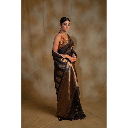 PRIYANKA RAAJIV Tritiya Black Linen-Silk Organza Banarasi Saree with Unstitched Blouse