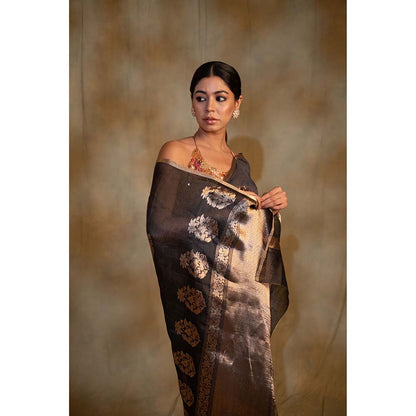 PRIYANKA RAAJIV Tritiya Black Linen-Silk Organza Banarasi Saree with Unstitched Blouse