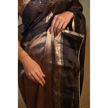 PRIYANKA RAAJIV Tritiya Black Linen-Silk Organza Banarasi Saree with Unstitched Blouse