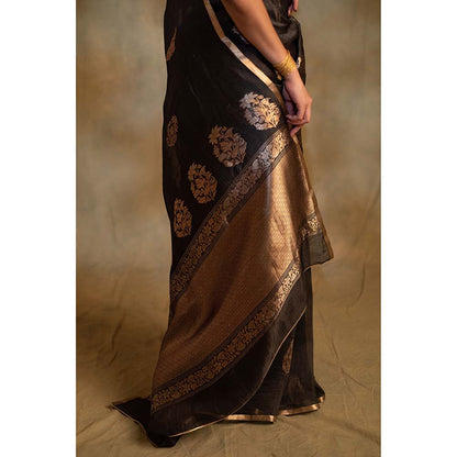 PRIYANKA RAAJIV Tritiya Black Linen-Silk Organza Banarasi Saree with Unstitched Blouse