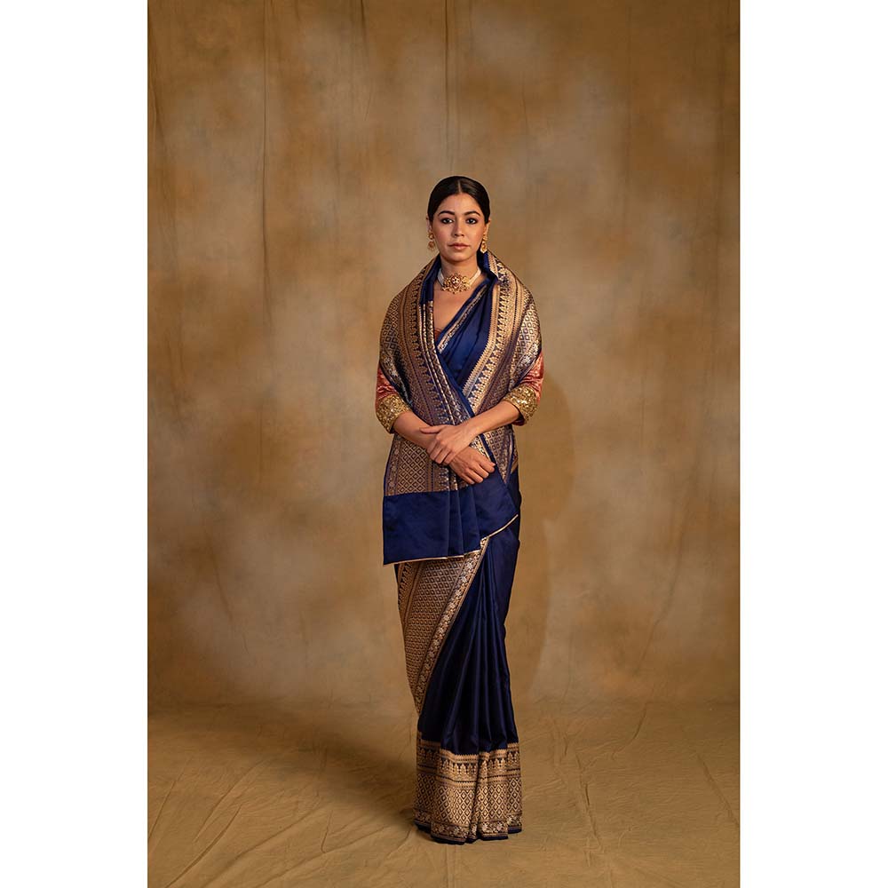 PRIYANKA RAAJIV Gangaur Royal Blue Mashru Silk Saree with Unstitched Blouse