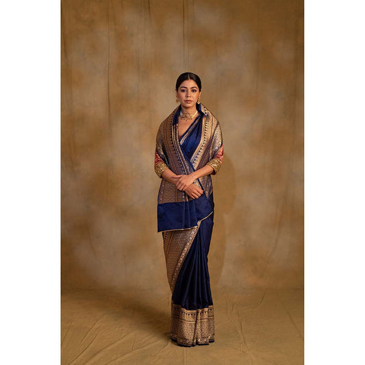PRIYANKA RAAJIV Gangaur Royal Blue Mashru Silk Saree with Unstitched Blouse