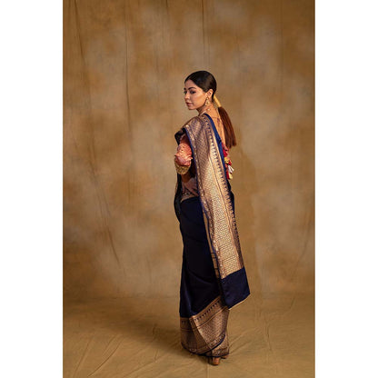 PRIYANKA RAAJIV Gangaur Royal Blue Mashru Silk Saree with Unstitched Blouse