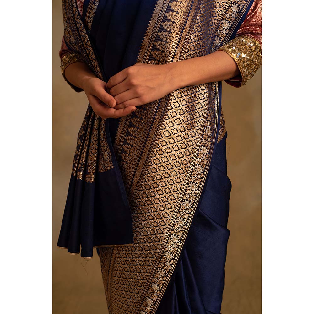 PRIYANKA RAAJIV Gangaur Royal Blue Mashru Silk Saree with Unstitched Blouse