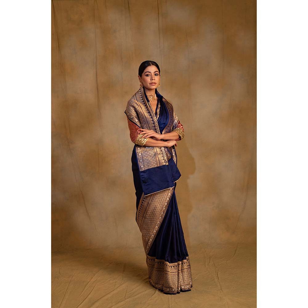 PRIYANKA RAAJIV Gangaur Royal Blue Mashru Silk Saree with Unstitched Blouse