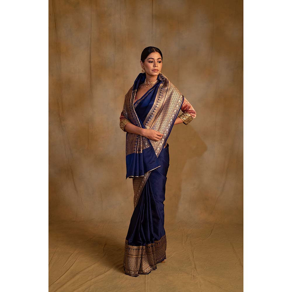 PRIYANKA RAAJIV Gangaur Royal Blue Mashru Silk Saree with Unstitched Blouse