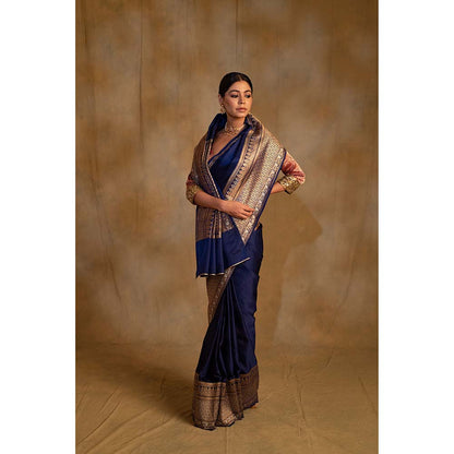 PRIYANKA RAAJIV Gangaur Royal Blue Mashru Silk Saree with Unstitched Blouse