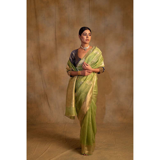 PRIYANKA RAAJIV Sarhul Sagee Green Linen-Silk Organza Saree with Unstitched Blouse