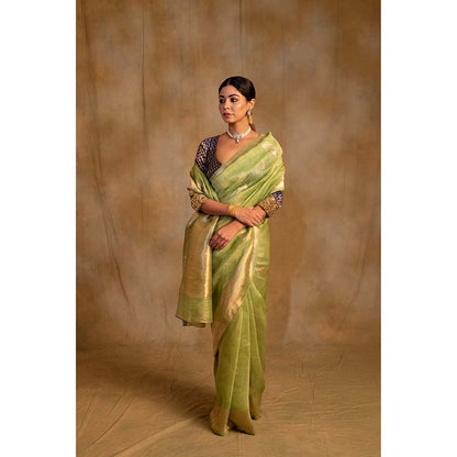 PRIYANKA RAAJIV Sarhul Sagee Green Linen-Silk Organza Saree with Unstitched Blouse