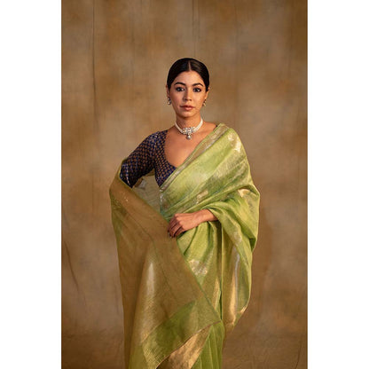 PRIYANKA RAAJIV Sarhul Sagee Green Linen-Silk Organza Saree with Unstitched Blouse
