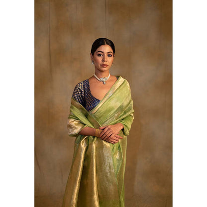 PRIYANKA RAAJIV Sarhul Sagee Green Linen-Silk Organza Saree with Unstitched Blouse