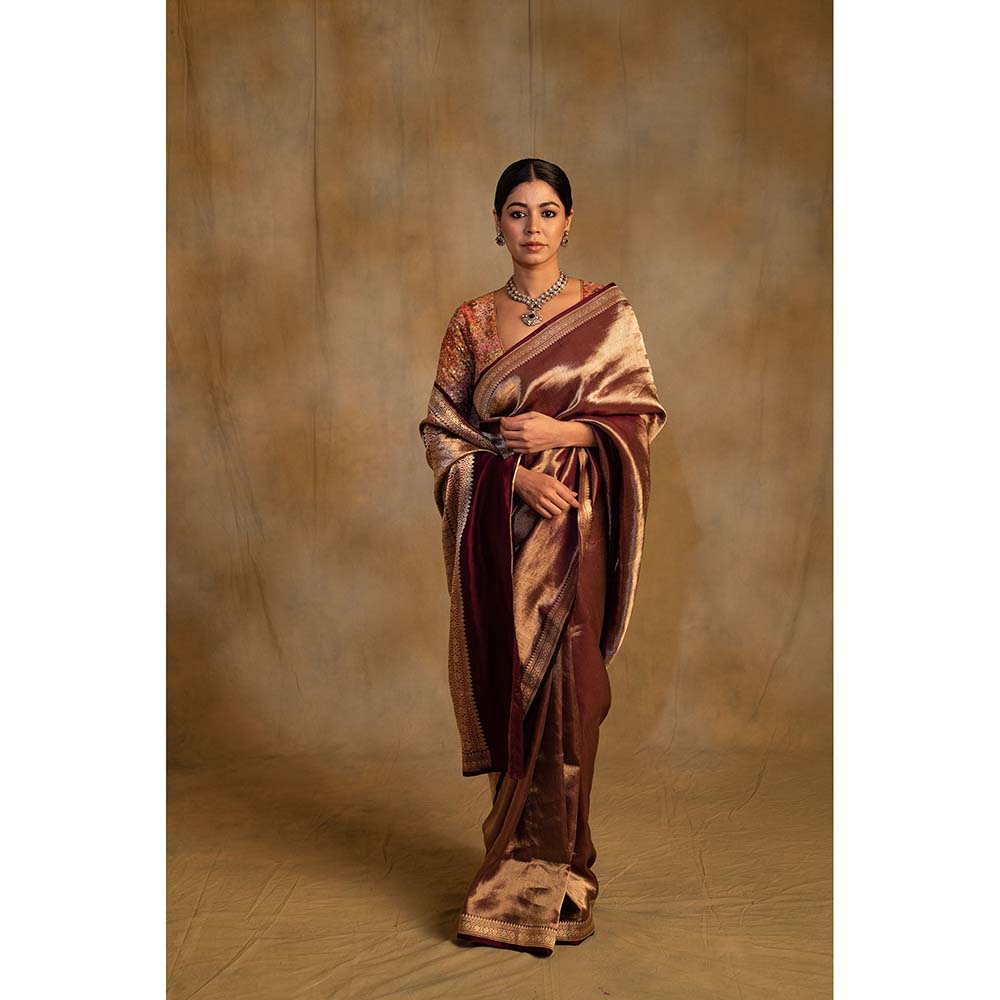 PRIYANKA RAAJIV Laldita Burgundy Silk Tissue Banarasi Saree with Unstitched Blouse