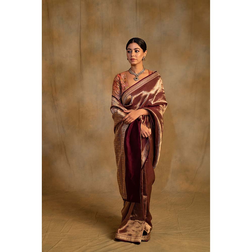 PRIYANKA RAAJIV Laldita Burgundy Silk Tissue Banarasi Saree with Unstitched Blouse