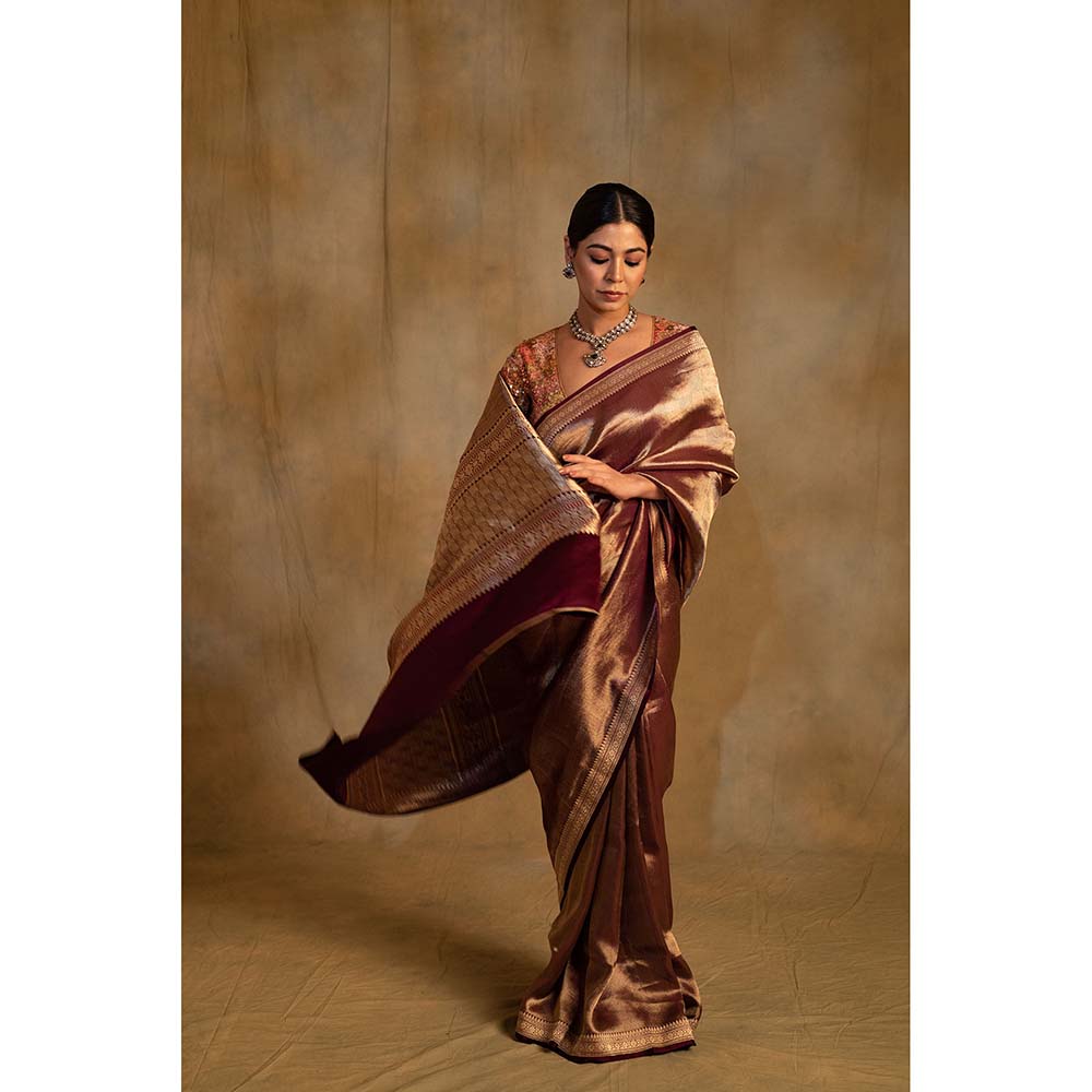 PRIYANKA RAAJIV Laldita Burgundy Silk Tissue Banarasi Saree with Unstitched Blouse