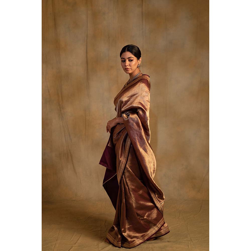 PRIYANKA RAAJIV Laldita Burgundy Silk Tissue Banarasi Saree with Unstitched Blouse