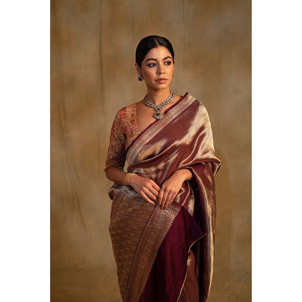 PRIYANKA RAAJIV Laldita Burgundy Silk Tissue Banarasi Saree with Unstitched Blouse