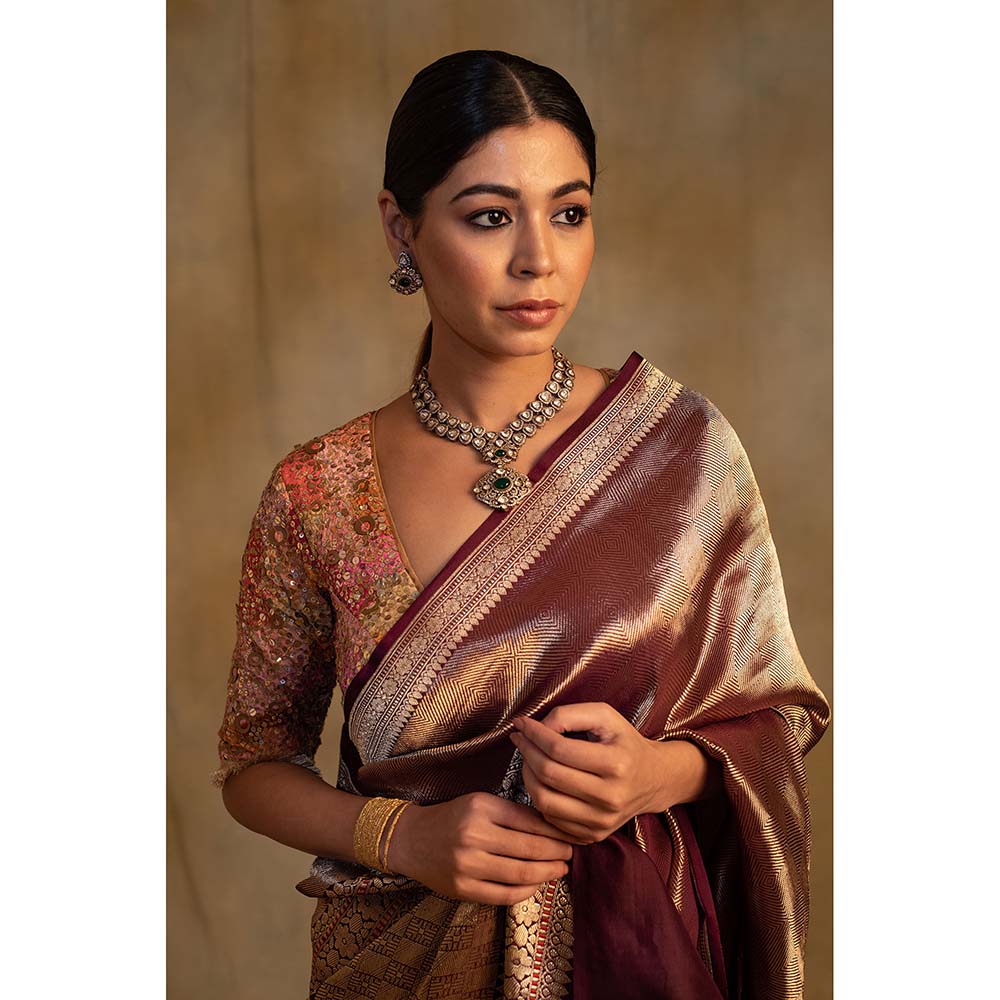 PRIYANKA RAAJIV Laldita Burgundy Silk Tissue Banarasi Saree with Unstitched Blouse