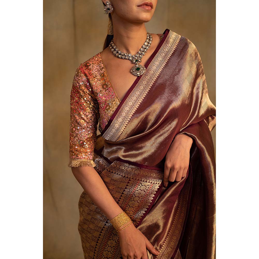 PRIYANKA RAAJIV Laldita Burgundy Silk Tissue Banarasi Saree with Unstitched Blouse