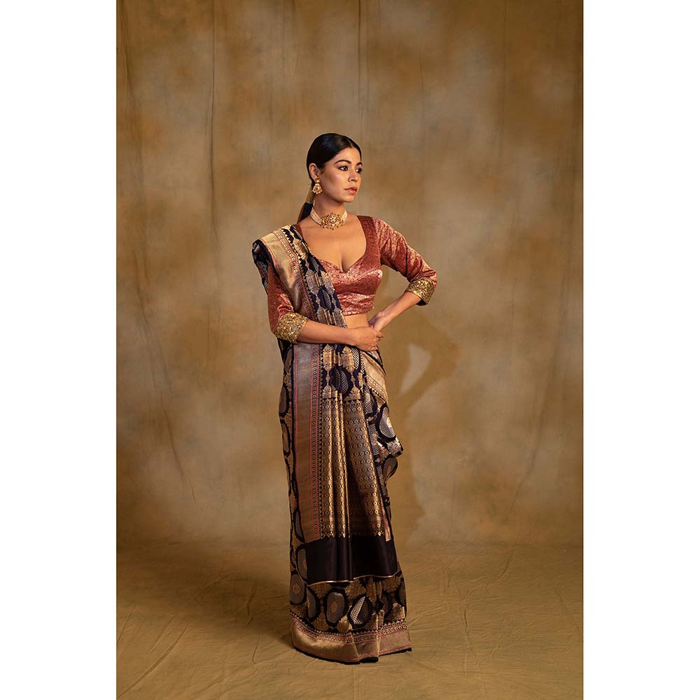 PRIYANKA RAAJIV Pooram Bonnet Navy Blue Silk Banarasi Saree with Unstitched Blouse