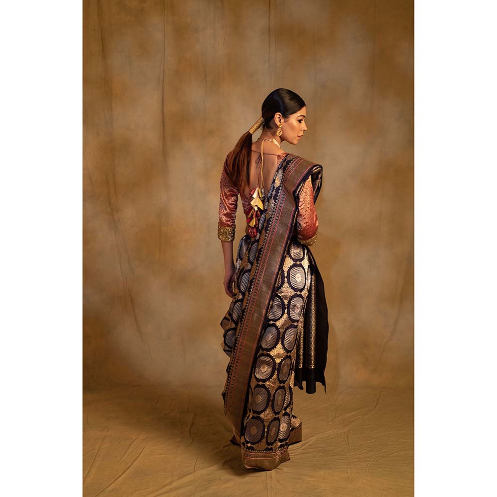 PRIYANKA RAAJIV Pooram Bonnet Navy Blue Silk Banarasi Saree with Unstitched Blouse