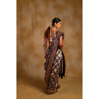 PRIYANKA RAAJIV Pooram Bonnet Navy Blue Silk Banarasi Saree with Unstitched Blouse