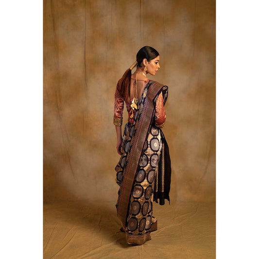 PRIYANKA RAAJIV Pooram Bonnet Navy Blue Silk Banarasi Saree with Unstitched Blouse