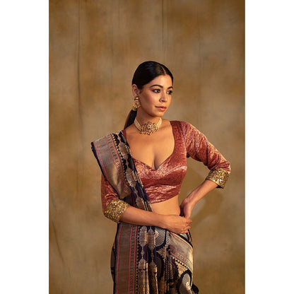 PRIYANKA RAAJIV Pooram Bonnet Navy Blue Silk Banarasi Saree with Unstitched Blouse