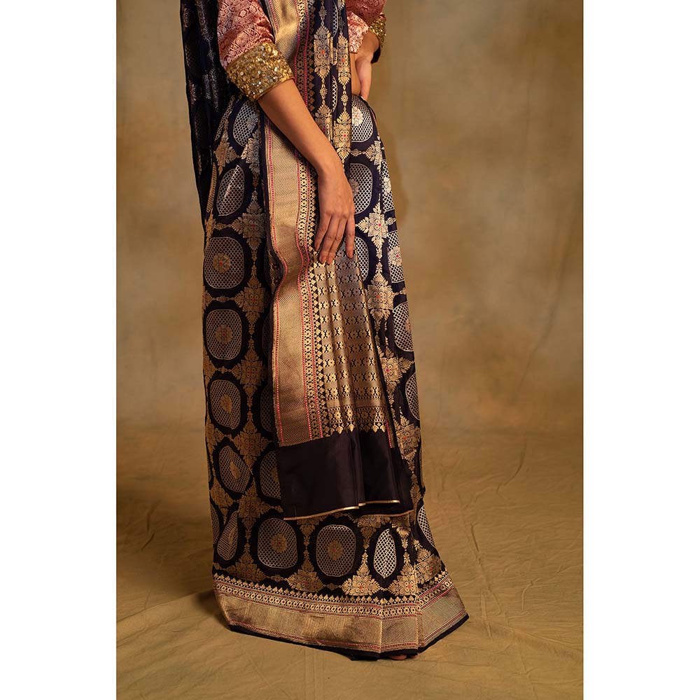 PRIYANKA RAAJIV Pooram Bonnet Navy Blue Silk Banarasi Saree with Unstitched Blouse