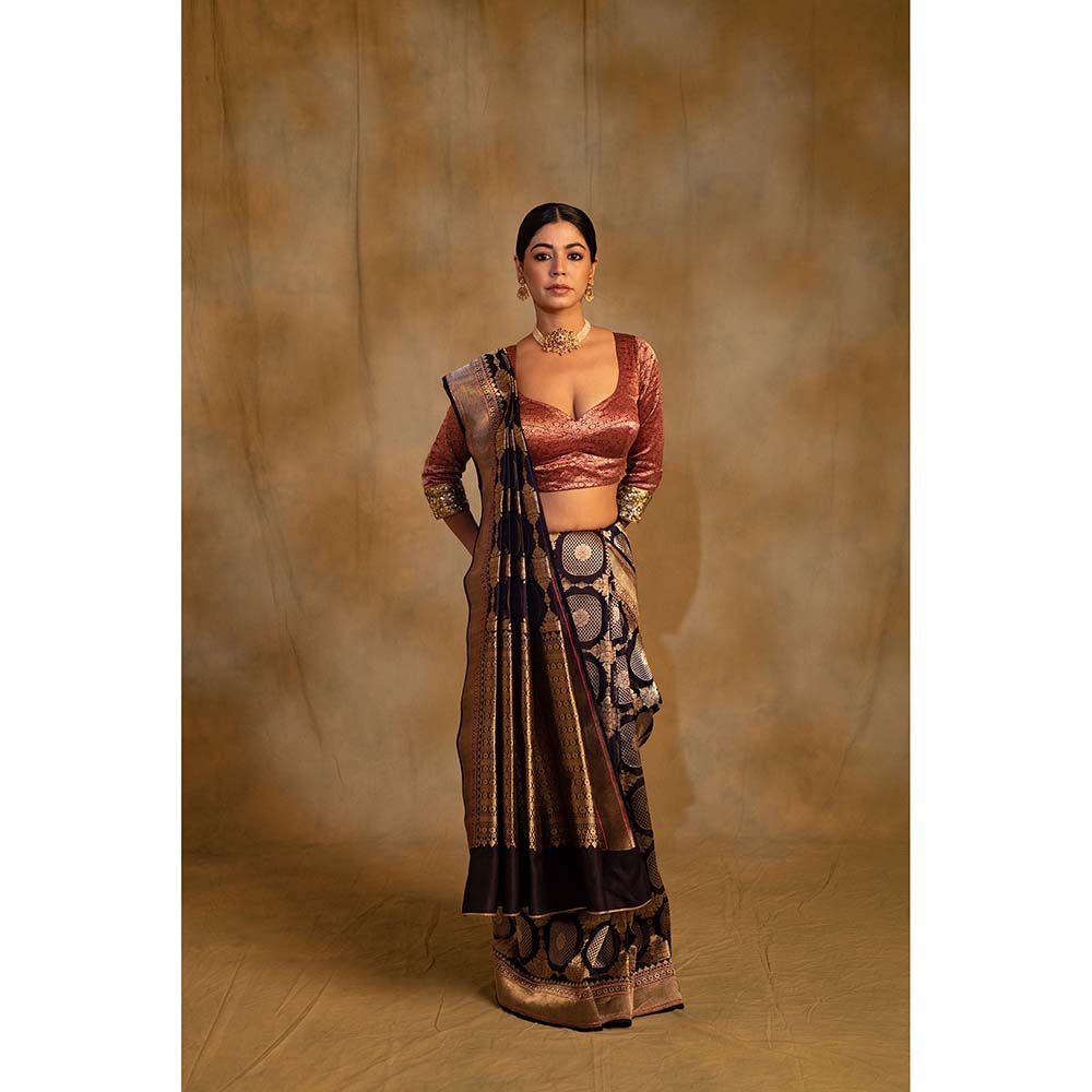 PRIYANKA RAAJIV Pooram Bonnet Navy Blue Silk Banarasi Saree with Unstitched Blouse