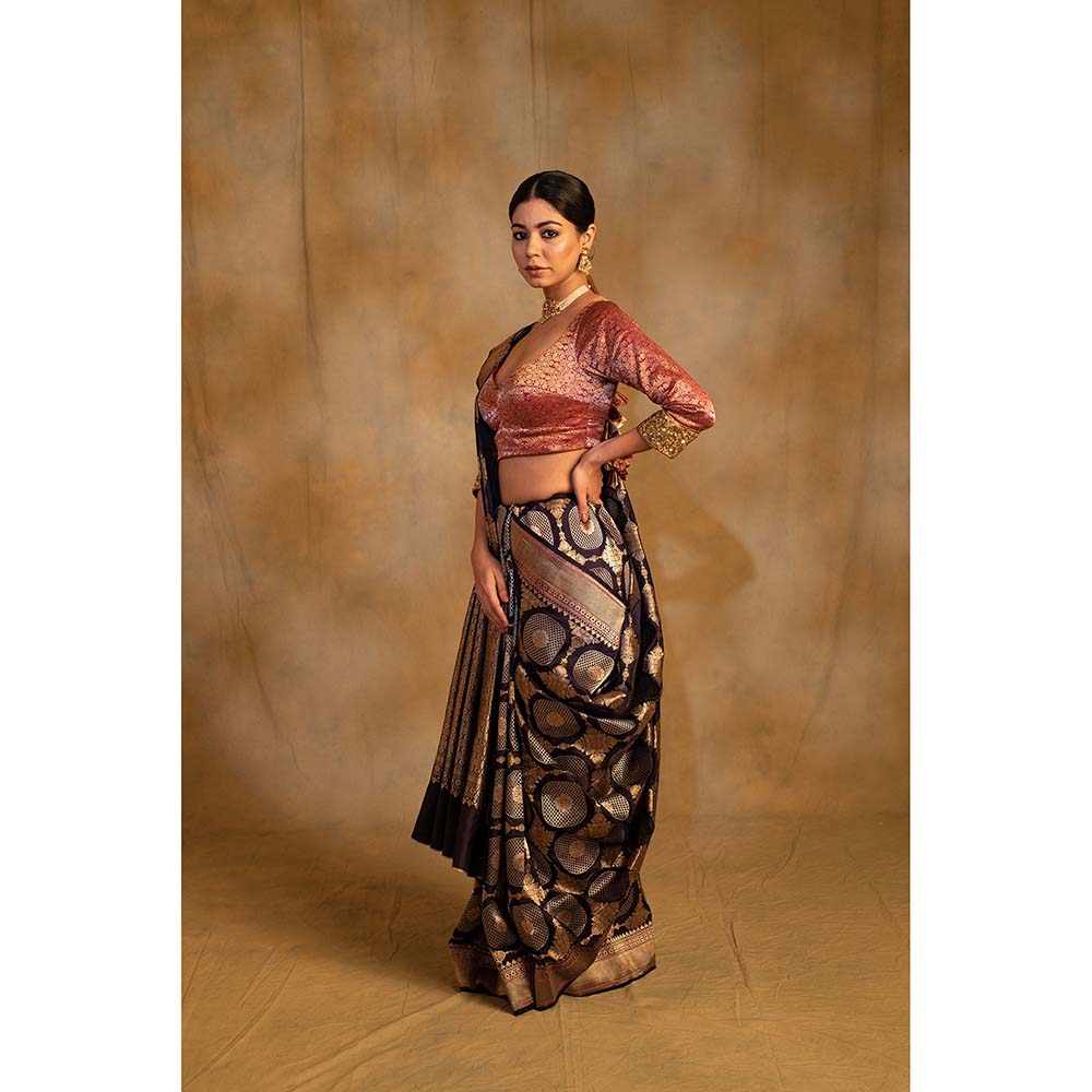 PRIYANKA RAAJIV Pooram Bonnet Navy Blue Silk Banarasi Saree with Unstitched Blouse