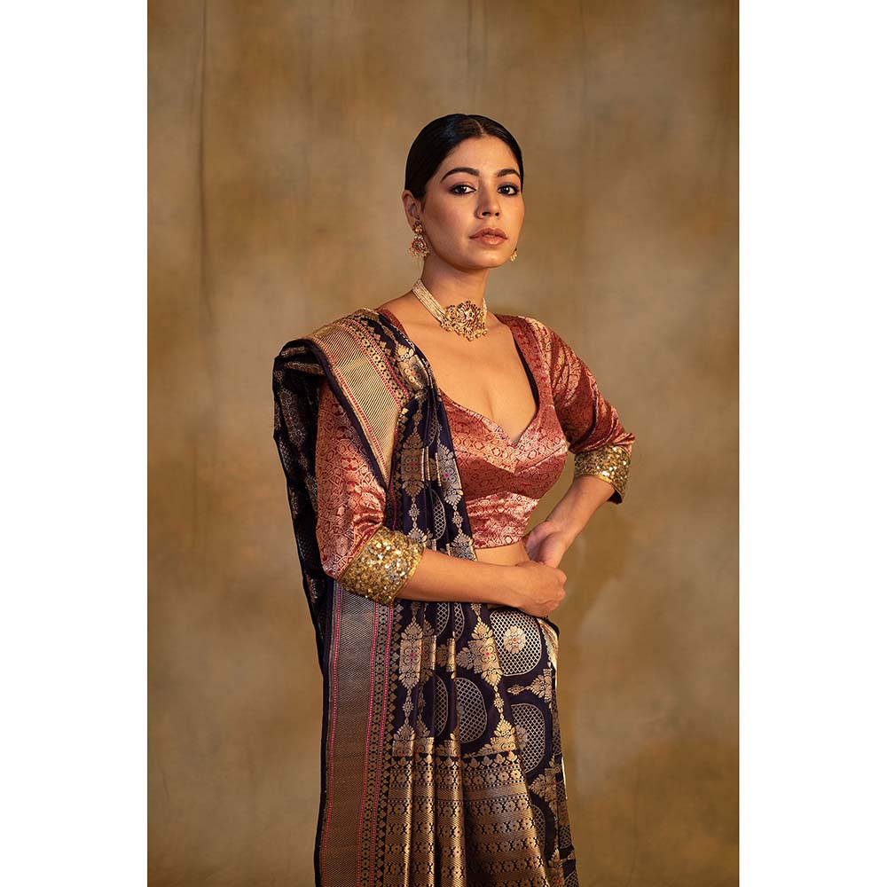 PRIYANKA RAAJIV Pooram Bonnet Navy Blue Silk Banarasi Saree with Unstitched Blouse