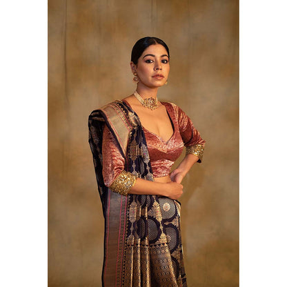 PRIYANKA RAAJIV Pooram Bonnet Navy Blue Silk Banarasi Saree with Unstitched Blouse