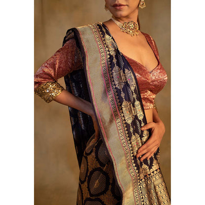 PRIYANKA RAAJIV Pooram Bonnet Navy Blue Silk Banarasi Saree with Unstitched Blouse