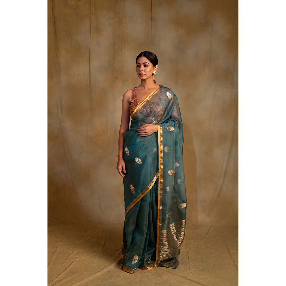 PRIYANKA RAAJIV Ugadi Teal Silk Organza Banarasi Saree with Unstitched Blouse