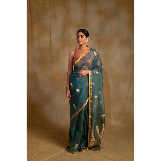 PRIYANKA RAAJIV Ugadi Teal Silk Organza Banarasi Saree with Unstitched Blouse