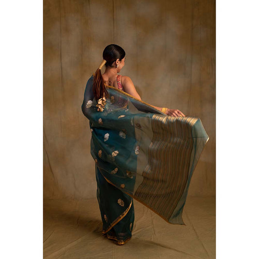 PRIYANKA RAAJIV Ugadi Teal Silk Organza Banarasi Saree with Unstitched Blouse