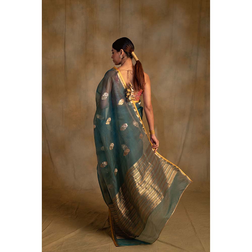 PRIYANKA RAAJIV Ugadi Teal Silk Organza Banarasi Saree with Unstitched Blouse