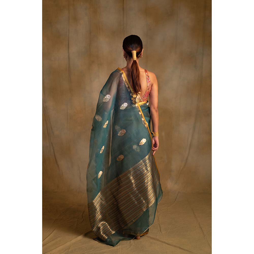 PRIYANKA RAAJIV Ugadi Teal Silk Organza Banarasi Saree with Unstitched Blouse