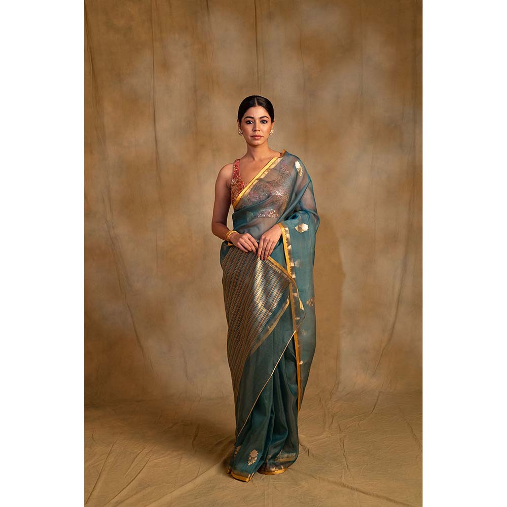 PRIYANKA RAAJIV Ugadi Teal Silk Organza Banarasi Saree with Unstitched Blouse