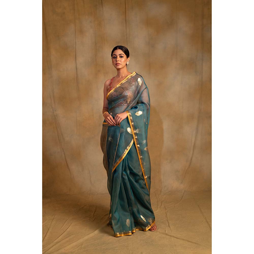 PRIYANKA RAAJIV Ugadi Teal Silk Organza Banarasi Saree with Unstitched Blouse