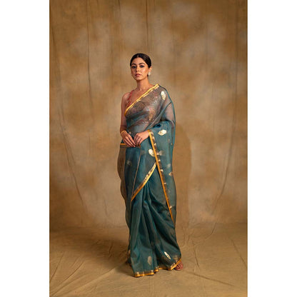 PRIYANKA RAAJIV Ugadi Teal Silk Organza Banarasi Saree with Unstitched Blouse