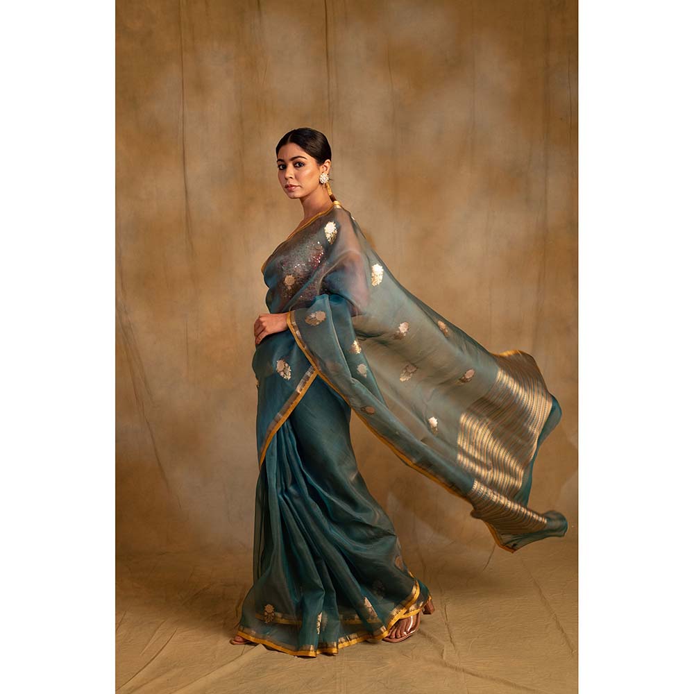 PRIYANKA RAAJIV Ugadi Teal Silk Organza Banarasi Saree with Unstitched Blouse